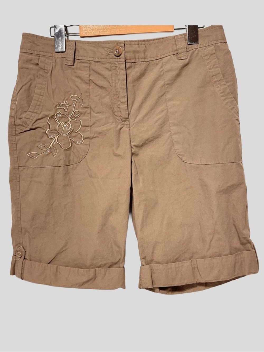 IZOD Brown Embroidered Bermuda Shorts Cottagecore Utility Casual Chino
